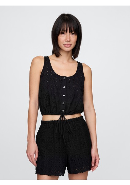 Kadın Siyah Büzgülü Kenar Crop Üst