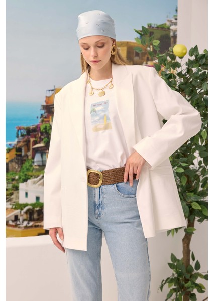 Modal Bol Kesim Blazer Ceket Beyaz
