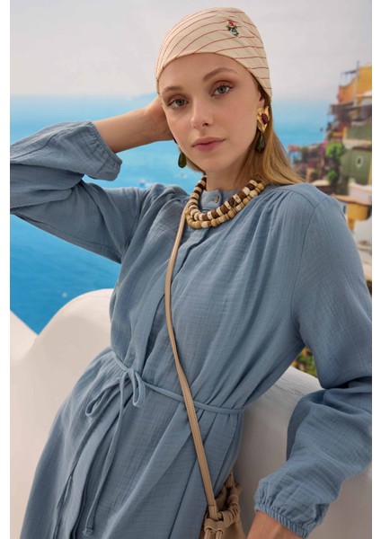 Uzun Müslin Gömlek Pastel Mavi