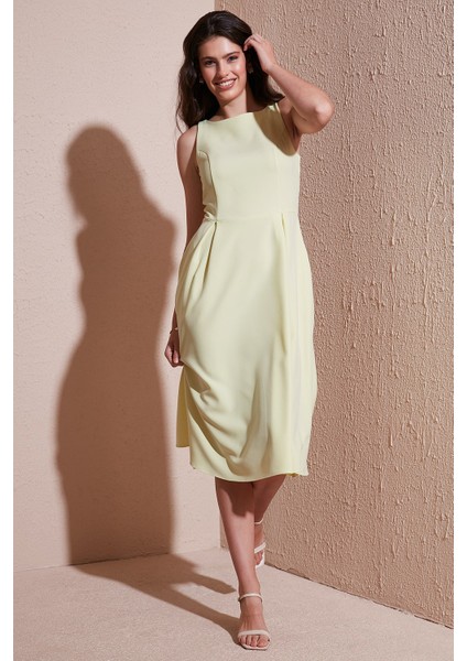 Bisiklet Yaka Regular Fit Cepli Pileli Midi Elbise Bayan Elbise 6051963