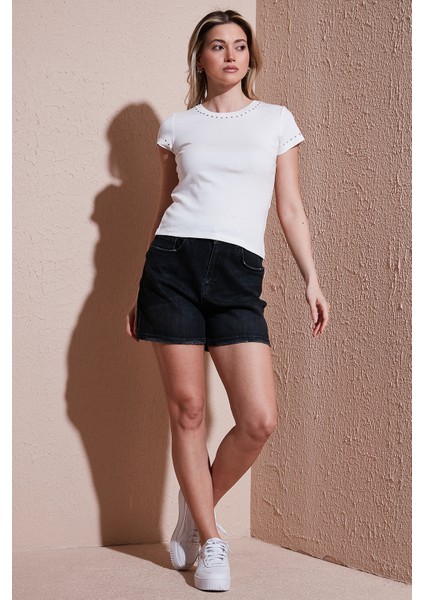 Streç Pamuklu Mom Fit Yüksek Bel Mini Kot Short Bayan Short 25Y0188K1