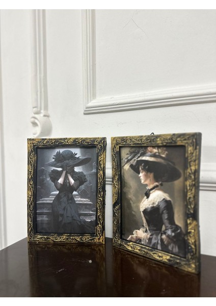 Özel Tasarım Vintage Tarzı 2li Şapkalı Kadın Tablo 20CM