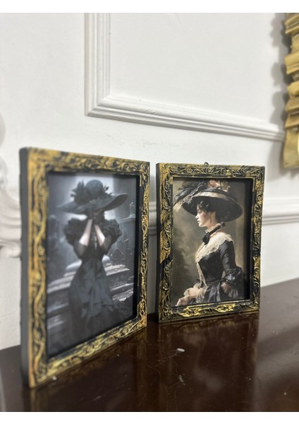 Özel Tasarım Vintage Tarzı 2li Şapkalı Kadın Tablo 20CM fiyatları