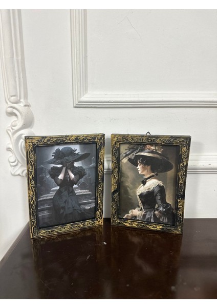 Özel Tasarım Vintage Tarzı 2li Şapkalı Kadın Tablo 20CM fırsatları