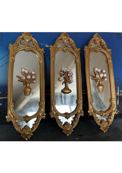 Çiçekli Ayna Detaylı Duvar Tablo 3lü Set 70CM Tasarım Tablo