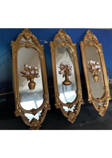 Çiçekli Ayna Detaylı Duvar Tablo 3lü Set 70CM Tasarım Tablo modelleri