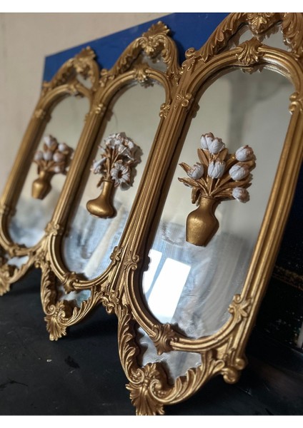 Çiçekli Ayna Detaylı Duvar Tablo 3lü Set 70CM Tasarım Tablo fırsatları