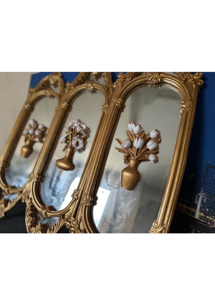 Çiçekli Ayna Detaylı Duvar Tablo 3lü Set 70CM Tasarım Tablo indirimleri