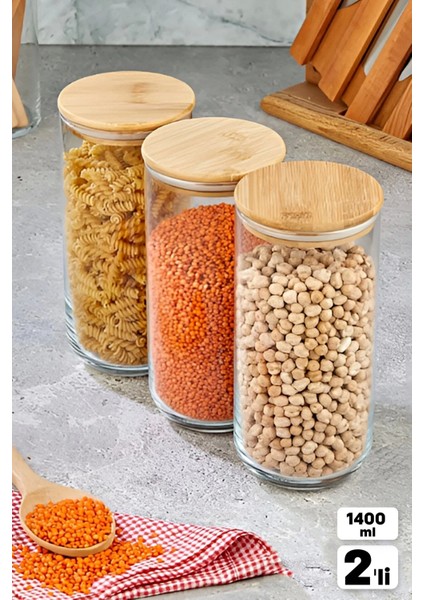 2 Adet Vakumlu Bambu Kapaklı Cam Kavanoz 1400ML Baharatlık Bakliyat Gıda Saklama Kabı Organizer