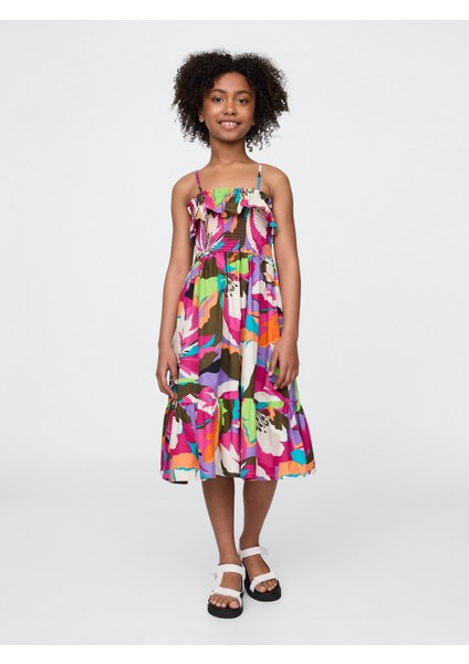 Kız Çocuk Çiçek Desenli Kids Smocked Ruffle Midi Elbise