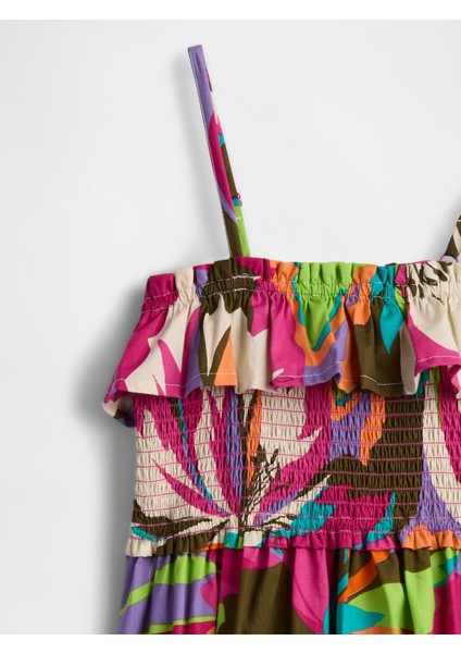 Kız Çocuk Çiçek Desenli Kids Smocked Ruffle Midi Elbise fiyatları