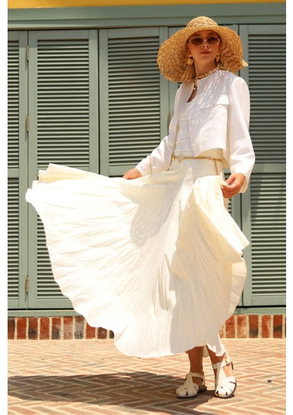 Bele Oturan Volanlı Etek Vanilya