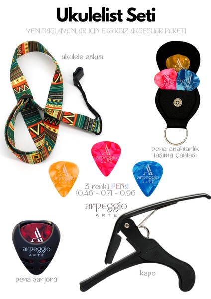 Ukulelist Seti | Ukulele Seti Ukulele Askısı, Kapo, 3 Adet Pena, Taşıma Çantası, Pena Şarjörü