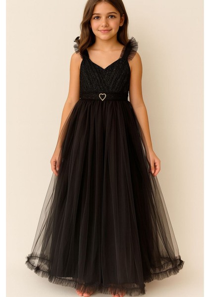 Kalp Broş Askılı Detaylı Payetli Tük Kız çocuk abiye - Siyah