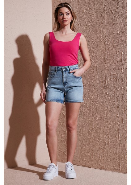 Streç Pamuklu Mom Fit Yüksek Bel Mini Kot Short Bayan Short 25Y0188K1
