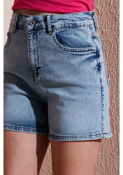 Streç Pamuklu Mom Fit Yüksek Bel Mini Kot Short Bayan Short 25Y0188K1