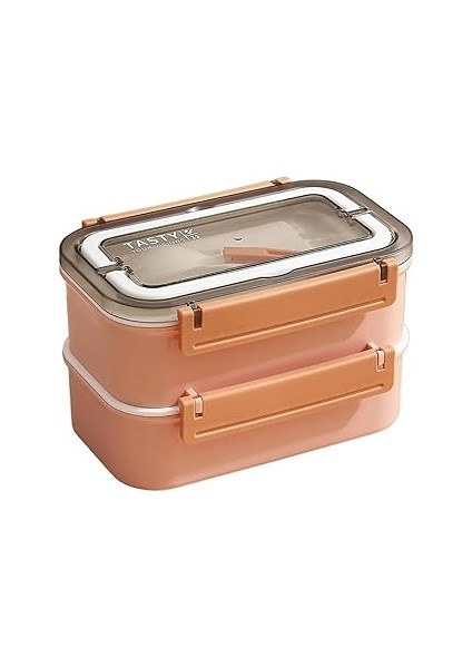 Bento 1600ML Lunchbox 2 Katlı 4 Bölmeli Çelik Sefer Tası Yemek Kutusu (Pembe)