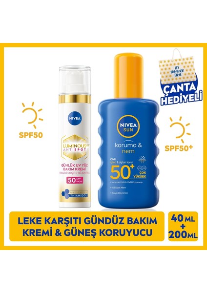 SUN SPF50 Nemlendirici ve Güneş Koruyucu Vücut Spreyi 200ml, Thiamidol Etkili Leke Karşıtı Gündüz Yüz Bakım Kremi 40ml, Plaj Çantası Hediye, Hyaluronik Asit, Güneş Bakım