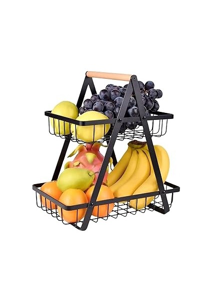 2 Katlı Metal Meyve ve Sebze Sepeti – Çıkarılabilir 2 Katmanlı Ekmek ve Çok Amaçlı Mutfak Organizer