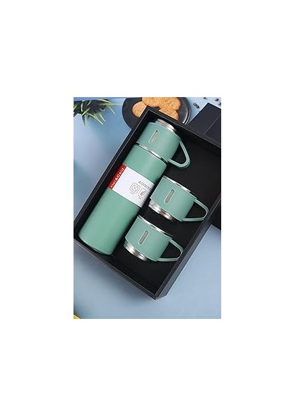 Paslanmaz Çelik Termos 3 Bardaklı Termos Seti Kutulu Vakumlu Termos Set Çok Renkli Yeşil