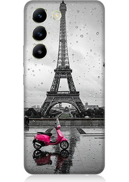 Vivo V30 Lite Uyumlu Yağmurda Eyfel ve Scooter Desenli Silikon Kılıf