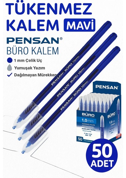 Tükenmez Kalem Mavi 1.0 mm 50'li Ekonomik Paket | Büro Tipi Yazım Kalem Dağılmayan Mürekkep Çelik Uç