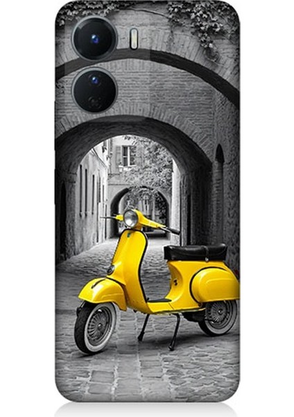 Vivo V16 Uyumlu Taş Sokakta Sarı Vespa Motosiklet Desenli Silikon Kılıf