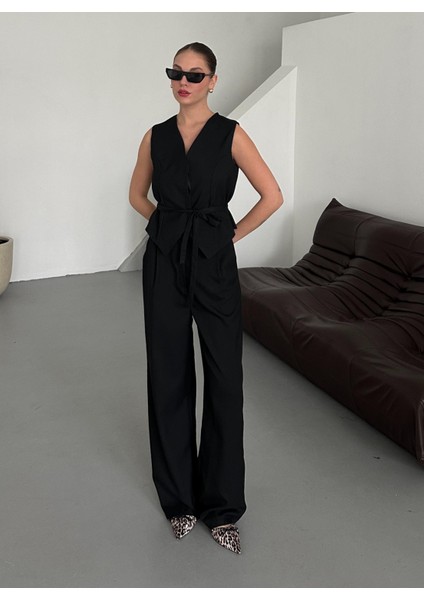 Siyah Miranda Kumaş Yelek Pantolon Takım