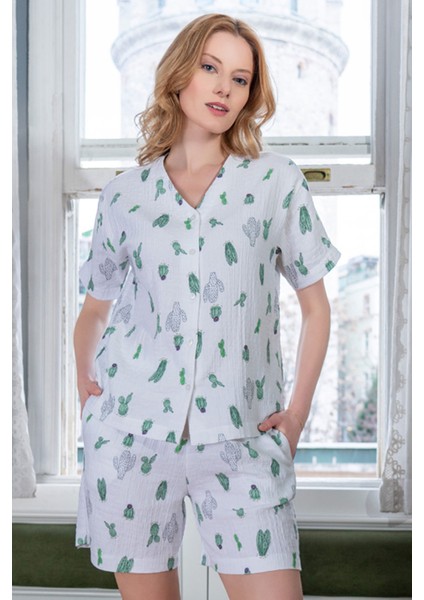 Pamuklu Kadın Muslın Kısa Kol V Yaka Bel Lastıklı Şortlu Pijama Takım , 412026