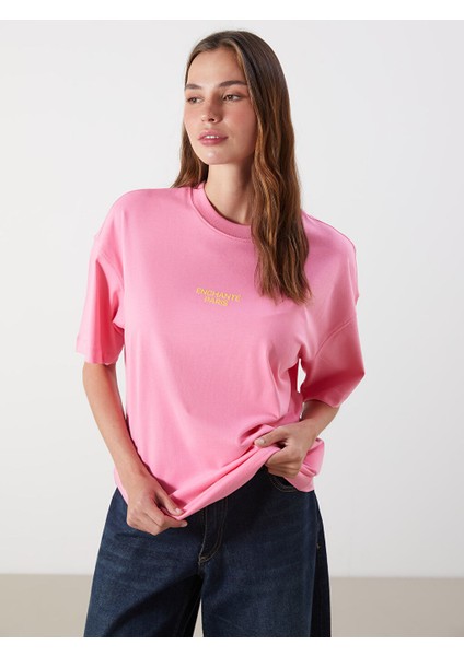 Yeni Sezon Bisiklet Yaka Paris Baskili Oversize Kadin Tisort - S5PM55Z8