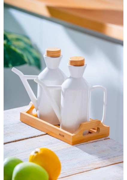 Pamira Bambu Standlı 2’li Porselen Yağlık & Sirkelik Seti – 600 ml | Şık ve Doğal Tasarım