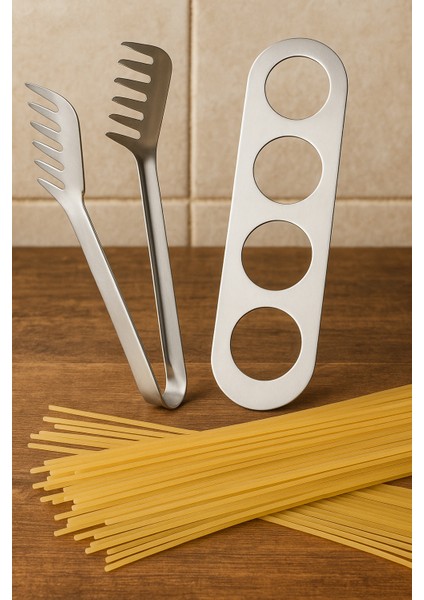 Paslanmaz Çelik Spagetti Maşası + Ölçü Aparatı Seti | Makarna Porsiyonlayıcı & Servis Maşası Çelik Renkli 2li Set Bir Arada fiyatları