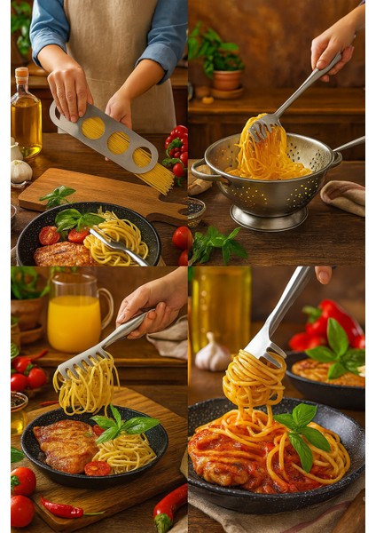 Paslanmaz Çelik Spagetti Maşası + Ölçü Aparatı Seti | Makarna Porsiyonlayıcı & Servis Maşası Çelik Renkli 2li Set Bir Arada indirimleri