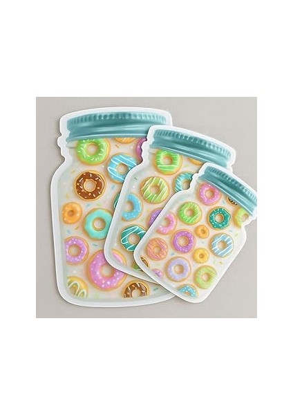 Kavanoz Şeklinde Kilitli Buzdolabı Saklama Poşeti, Donut Desenli, 3'lü Set, 25X17 Cm, 21X14 Cm, 15X