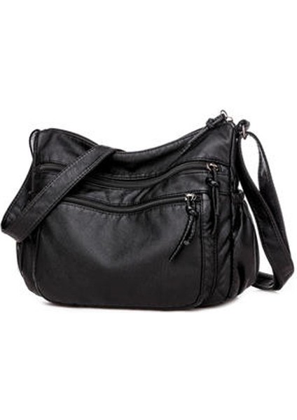 Kadın Crossbody Pocketbook Ultra Yumuşak Yıkanmış Deri Çok Cepler Hafif Omuz Kadın Messenger Siyah Çanta (Yurt Dışından)