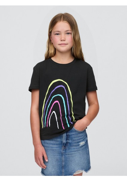 Kız Çocuk Siyah Grafik Baskılı T-Shirt
