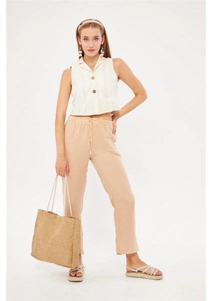 Müslin Kumaş Kadın Rahat Kesim,cepli, Bağcıklı, Beli Lastikli Pantalon