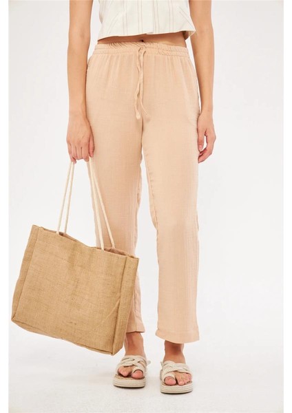 Müslin Kumaş Kadın Rahat Kesim,cepli, Bağcıklı, Beli Lastikli Pantalon fırsatları