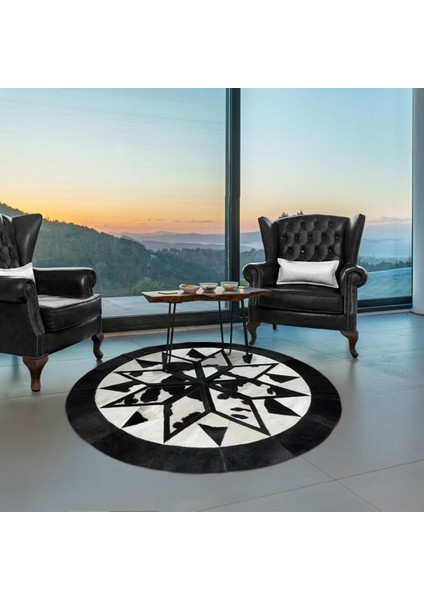 %100 Doğal Dana Derisi Kaymaz Taban Premium Yuvarlak Patchwork Halı - Siyah Beyaz