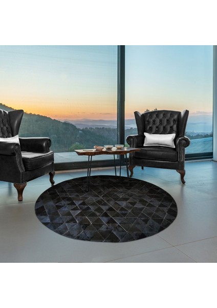 %100 Doğal Dana Derisi Kaymaz Taban Premium Yuvarlak Patchwork Halı - Siyah