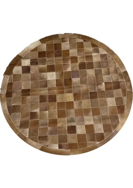 %100 Doğal Dana Derisi Kaymaz Taban Premium Yuvarlak Patchwork Halı - Kahverengi modelleri
