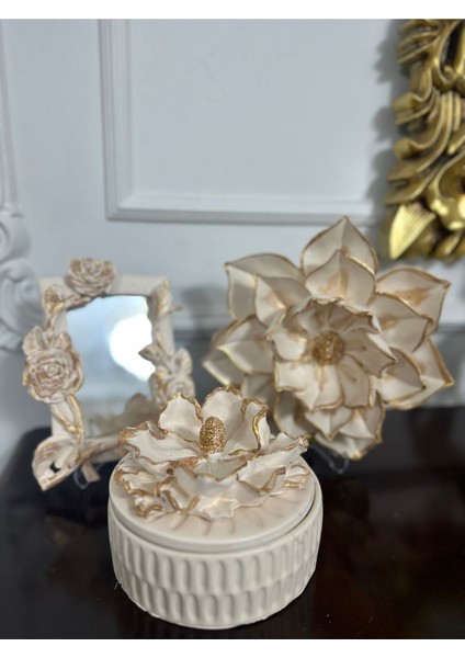 Dekoratif 3 Lü Masa Duvar Süsü Manolya Kutu, Lotus ve Güllü Ayna Set fiyatları