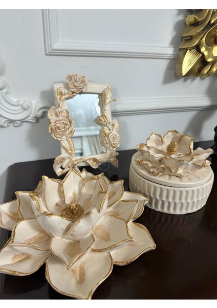 Dekoratif 3 Lü Masa Duvar Süsü Manolya Kutu, Lotus ve Güllü Ayna Set modelleri