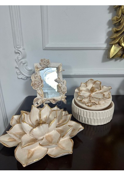 Dekoratif 3 Lü Masa Duvar Süsü Manolya Kutu, Lotus ve Güllü Ayna Set fırsatları