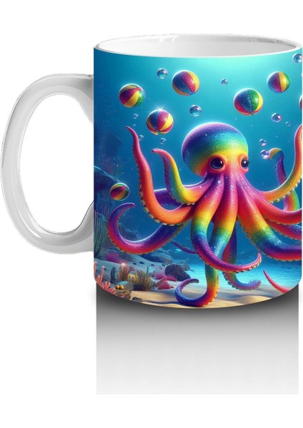 Çocuklara Sütü Sevdiren Renkli Ahtapot ve Baloncuklar Desenli Kupa Bardak