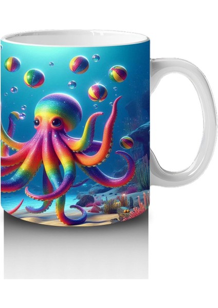 Çocuklara Sütü Sevdiren Renkli Ahtapot ve Baloncuklar Desenli Kupa Bardak modelleri