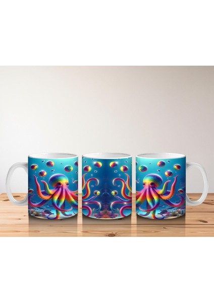 Çocuklara Sütü Sevdiren Renkli Ahtapot ve Baloncuklar Desenli Kupa Bardak fırsatları