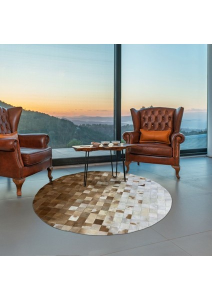 %100 Doğal Dana Derisi Kaymaz Taban Premium Yuvarlak Patchwork Halı - Kahverengi Beyaz