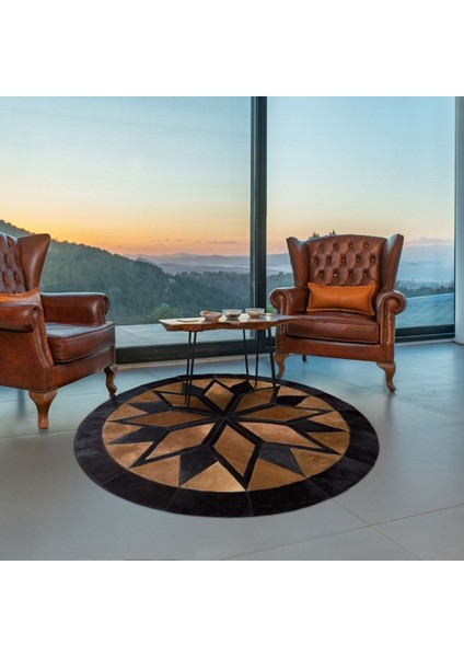 %100 Doğal Dana Derisi Kaymaz Taban Premium Yuvarlak Patchwork Halı - Kahverengi Siyah
