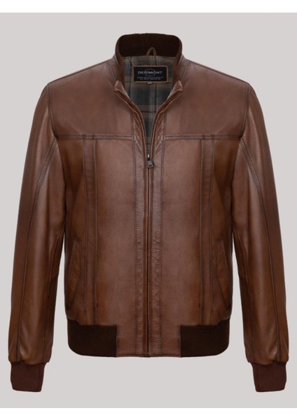 Hakiki Deri Kahverengi Erkek Deri Mont Bel ve Kolları Lastikli Fermuarlı Deri Ceket